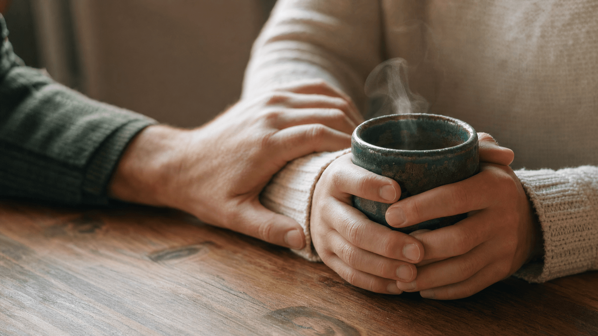 A reassuring hand resting on a friend's forearm over a warm mug of tea