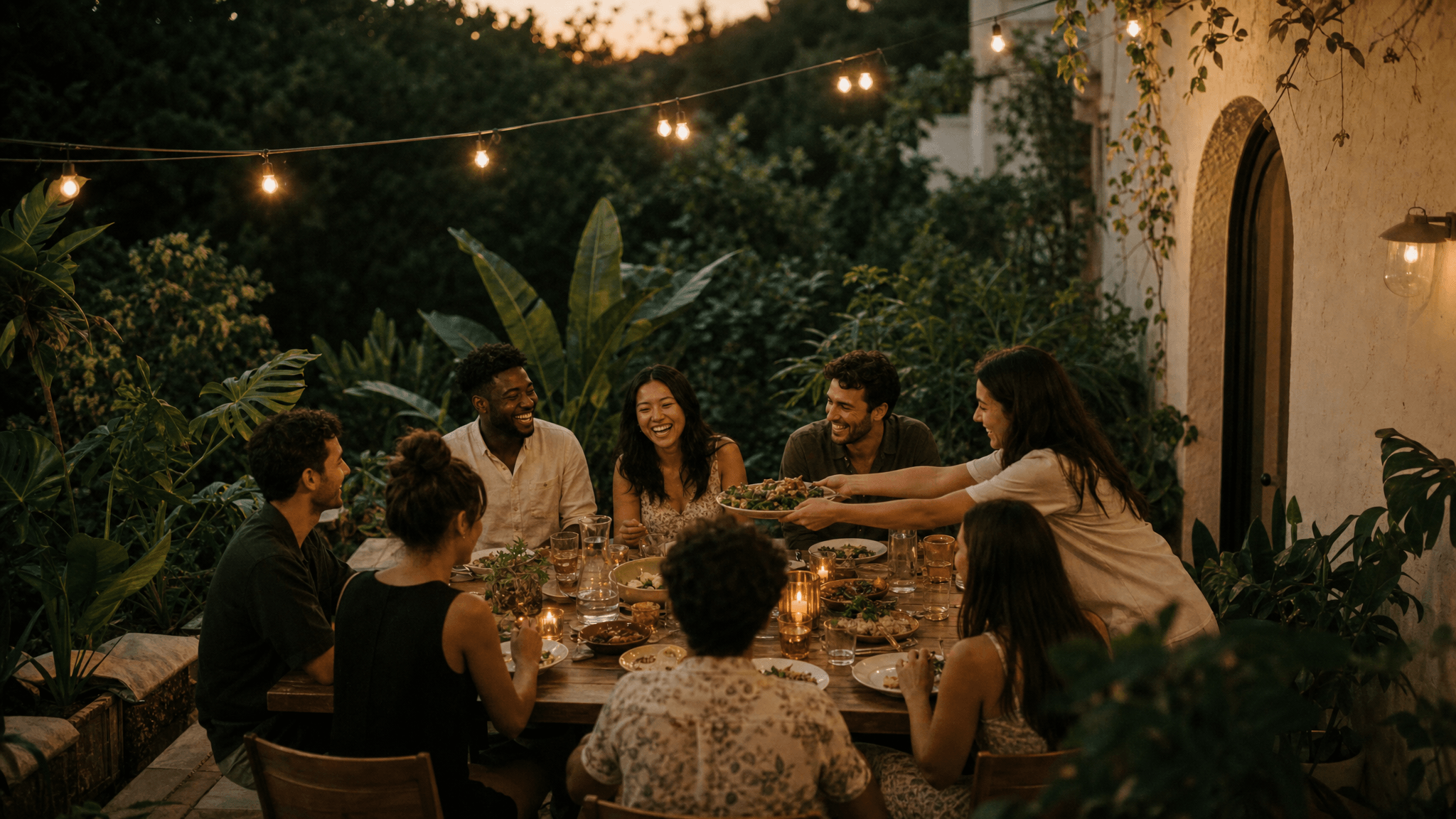 A community sharing dinner together on a plant-filled terrace at dusk